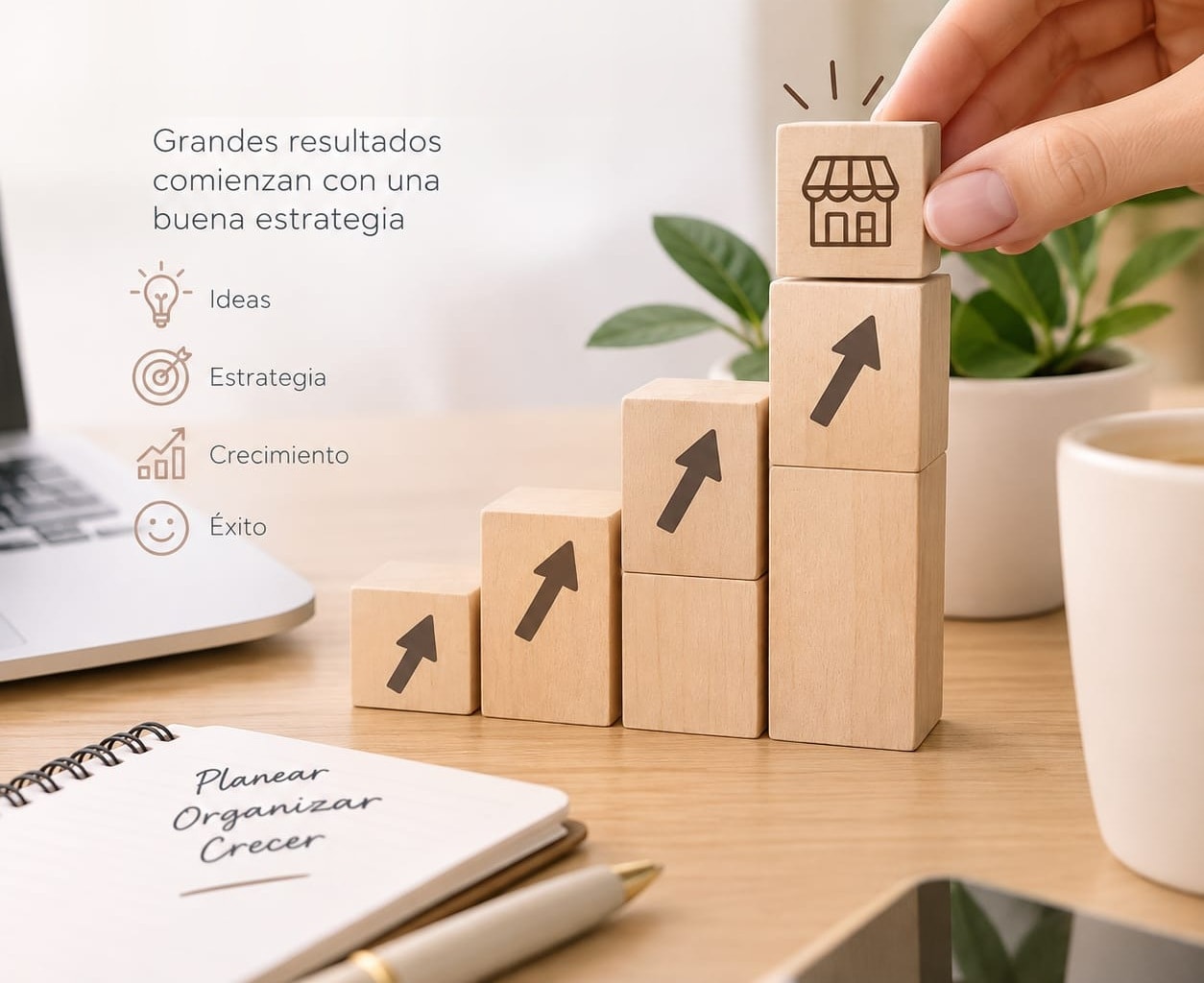 Bloques de madera en escalera con flechas hacia arriba; ideas, estrategia, crecimiento y éxito